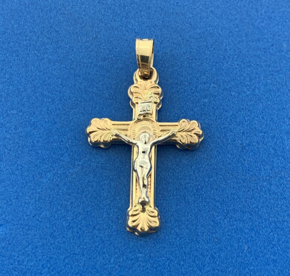 Gorgeous 14k Yellow & White Gold Religious Jesus Faith Cross Dangle Pendant