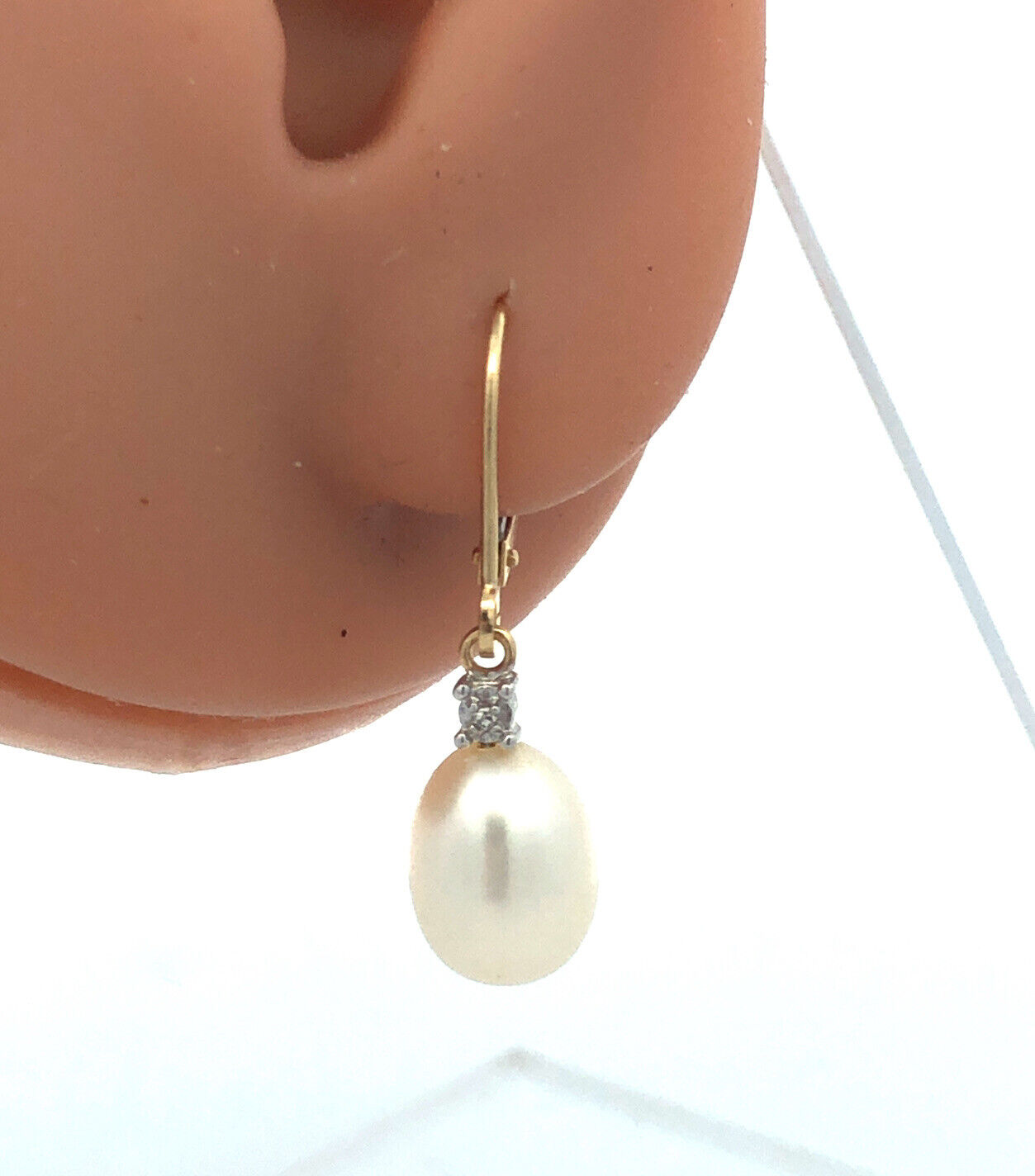 Designer 14K Yellow Gold Diamond Accent Pearl Dangle Lever Back Earrings