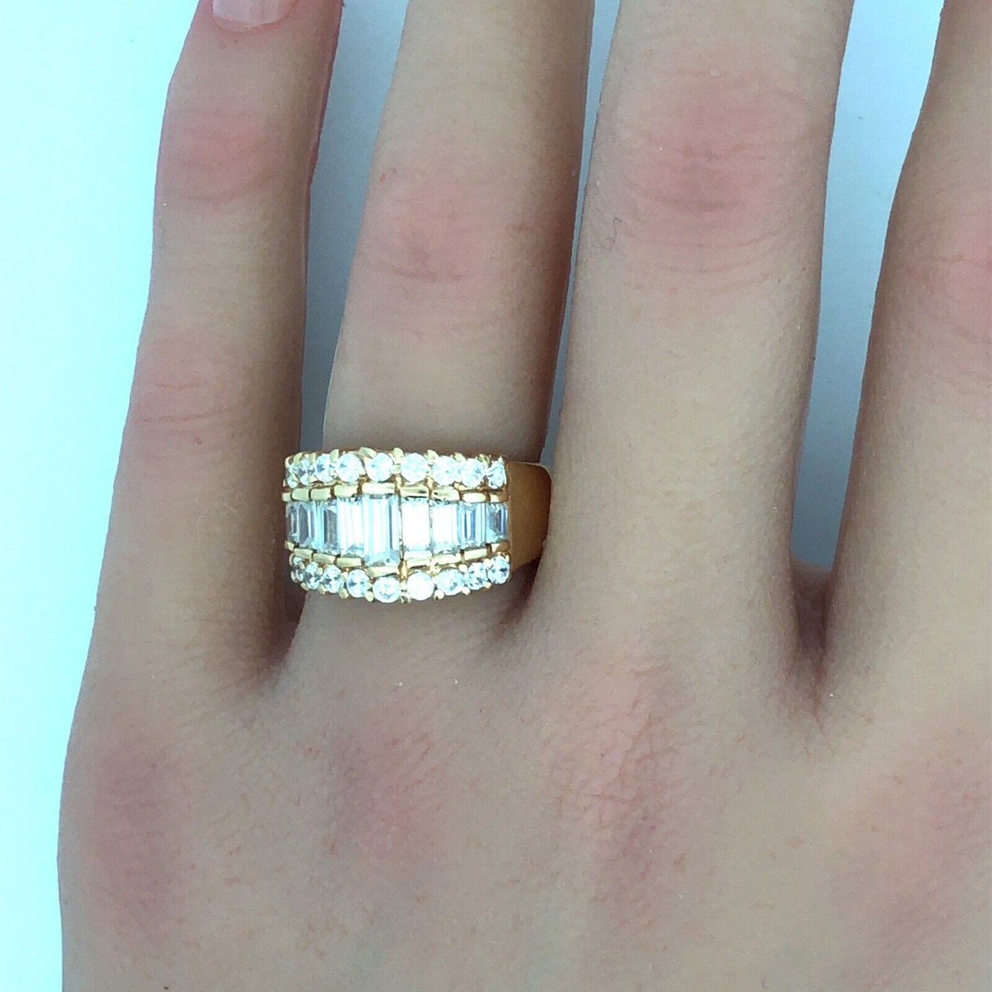 Designer 14K Yellow Gold Baguette Cubic Zirconia Statement Cigar Band Ring