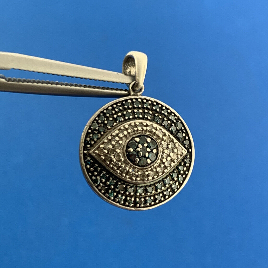 Designer 925 Sterling Silver Blue Sapphire Diamond All Seeing Evil Eye Pendant