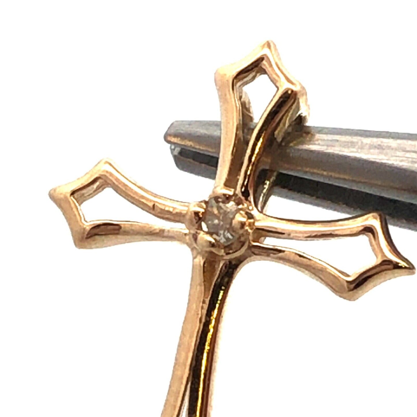 Designer 14K Yellow Gold Round Diamond Catholic Christian Cross Pendant