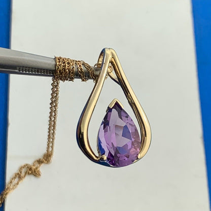 Designer RGE 10K Yellow Gold Pear Shaped Amethyst Drop Dangle Pendant Necklace