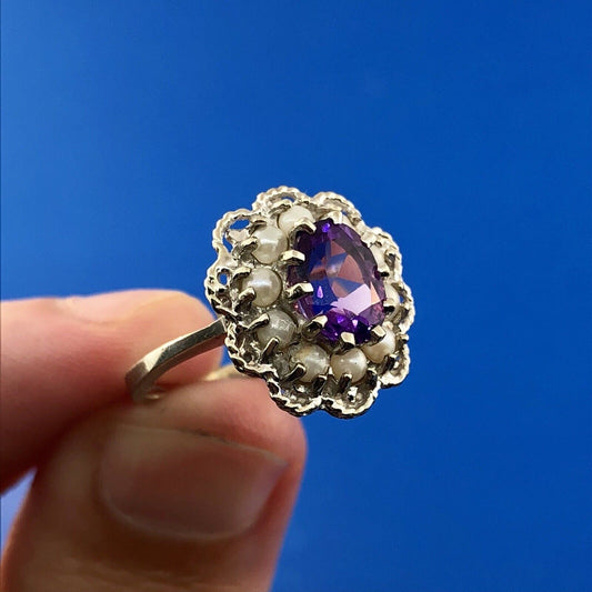 Estate 14K White Gold Amethyst Pearl Halo February Anniversary Sweetheart Ring
