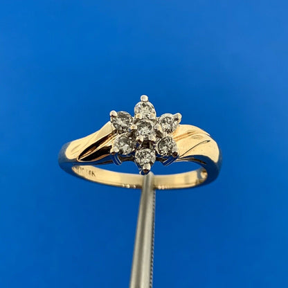 14K Yellow Gold Diamond Flower Floral Cluster Cocktail Ring