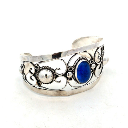 Designer Iguala Mexico 925 Sterling Silver Blue Glass Statement Cuff Bracelet