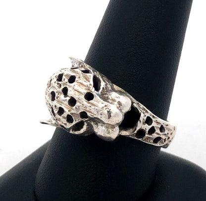 Vintage Mexico 925 Sterling Silver Cheetah Jaguar Cat Head Statement Ring