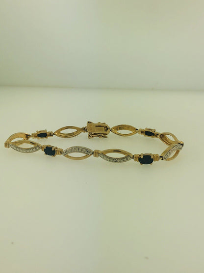 Estate Sterling Silver 925 Vermeil Oval Sapphire Station Tennis Bracelet