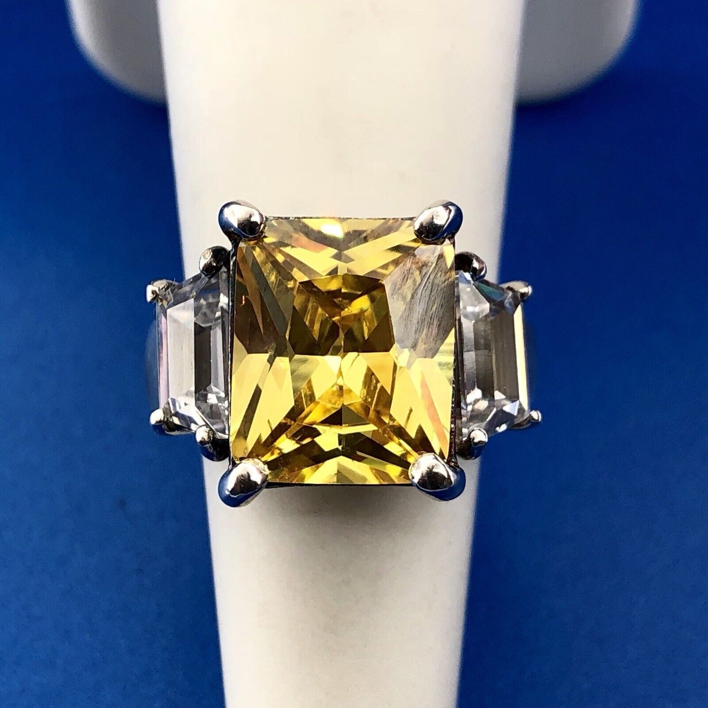 Dramatic Sterling Silver 925 Yellow White CZ Statement Fashion Cocktail Ring