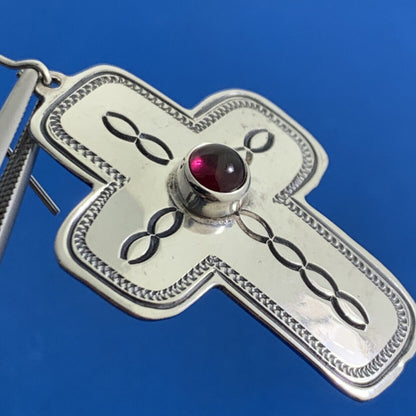 Don Lucas Native American 925 Sterling Silver Garnet Drop Dangle Concho Earrings