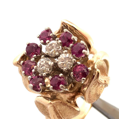 Designer EAG 14K Yellow Gold Round Ruby Diamond Flower Bud Statement Ring