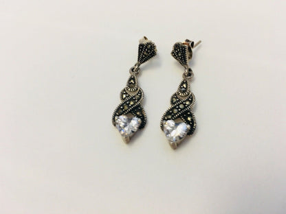 Sterling Silver 925 Marcasite Twist CZ Heart Drop Dangle Earrings