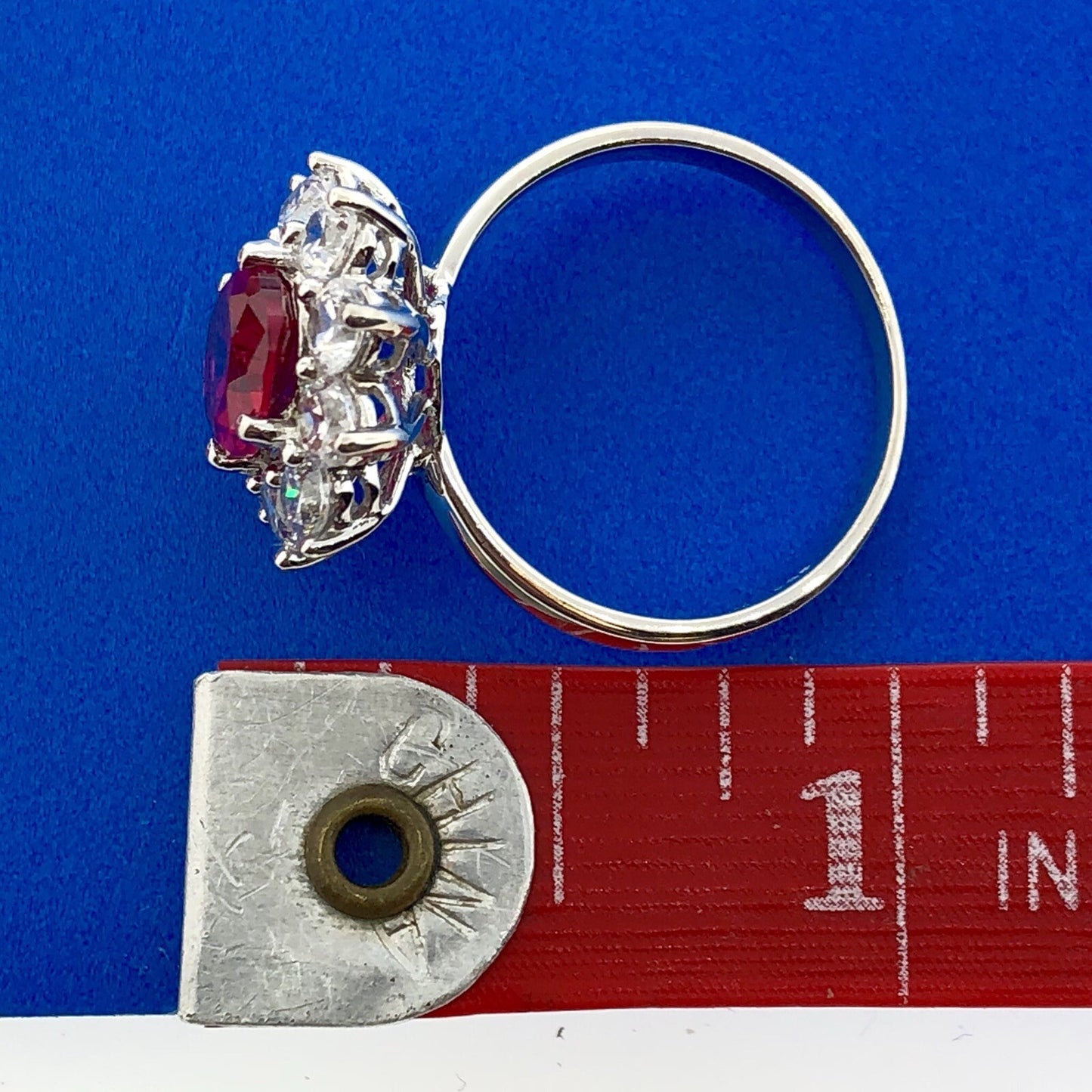 Stunning Siri Sterling Silver Oval Ruby Cubic Zirconia CZ Halo Cocktail Ring