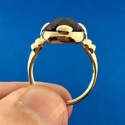 Modernist 14K Yellow Gold Cushion Cut Rectangle Purple Gemstone Anniversary Ring