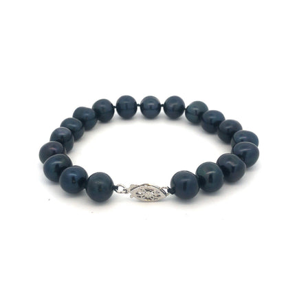 Gorgeous 14k White Gold Black Pearl 7.5" Strand String Bracelet