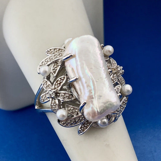 Designer HT 925 Sterling Silver Mother Of Pearl Diamond Pearl Floral Ring