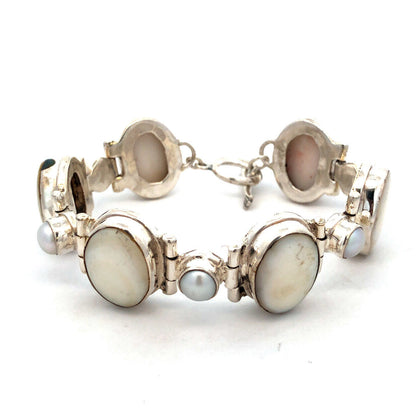 Vintage 925 Sterling Silver Oval Mother of Pearl Pearl Toggle Tennis Bracelet