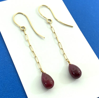 Modernist 14K Yellow Gold Ruby Teardrop Paper Clip Chain Dangle Earrings