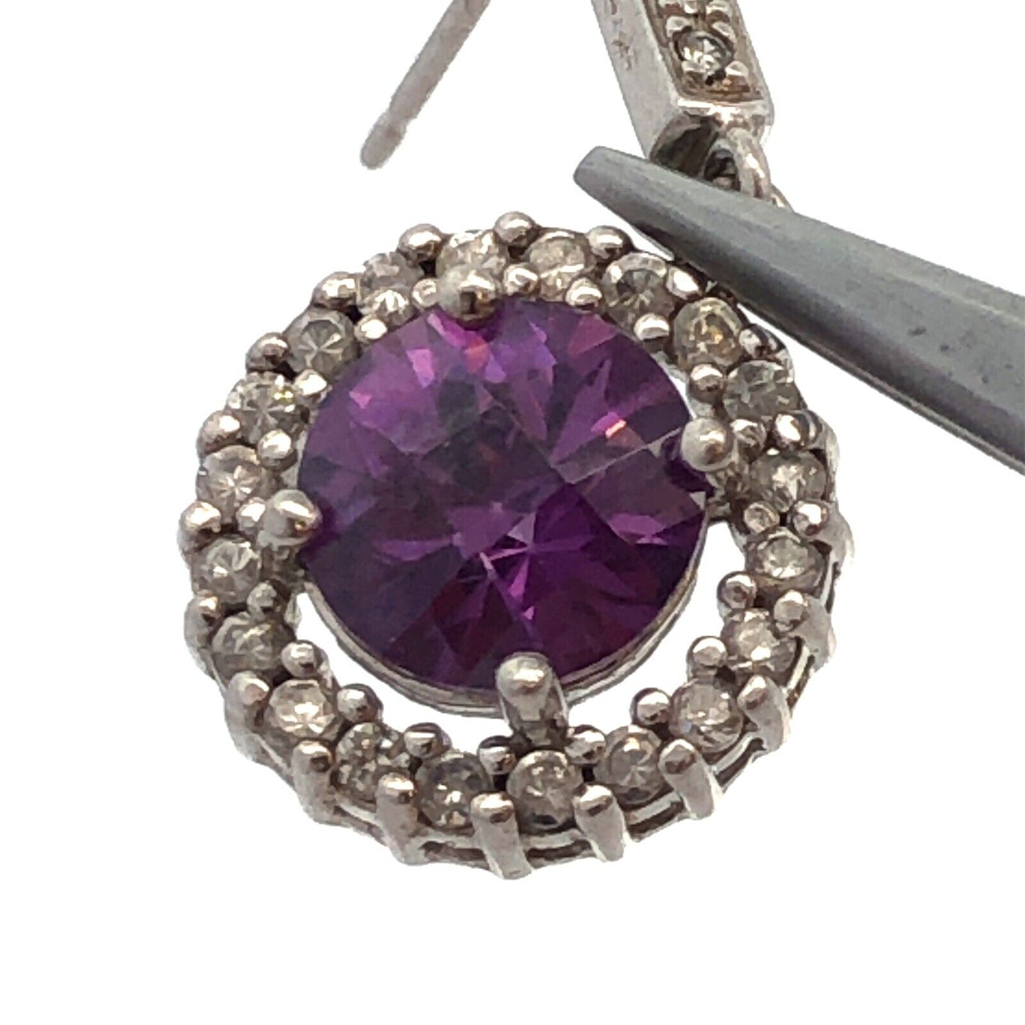 Designer Sterling Silver Round Purple Cubic Zirconia CZ Halo Dangle Earrings