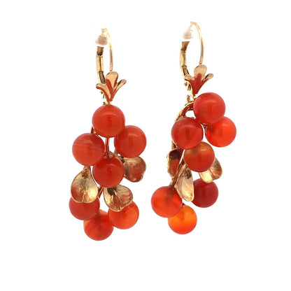 Estate 14K Yellow Gold Carnelian Bead Berry Vine Statement Dangle Drop Earrings