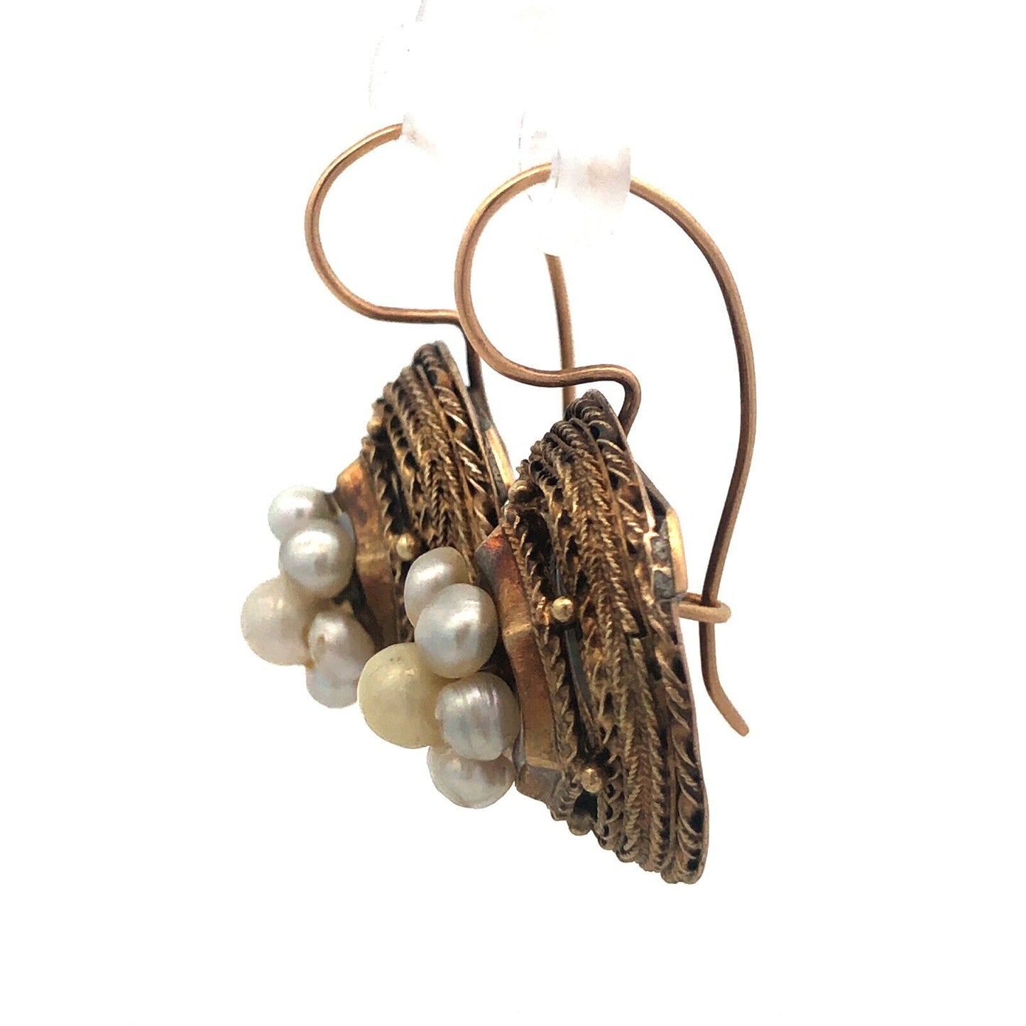 Mid Century 14K Yellow Gold Pearl Cluster Bird Nest Statement Drop Earrings