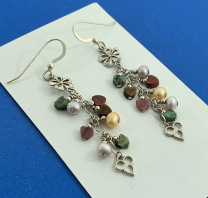 Multi-Stone Colorful Hearts 925 Sterling Silver Flower Dangle Hook Earrings