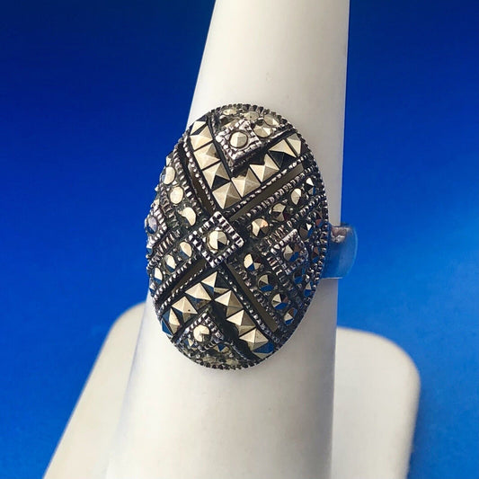 Stunning Sterling Silver 925 Marcasite Layered Cluster Oval Ring Size 7