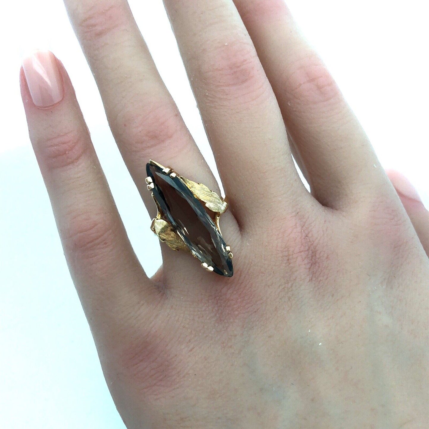 Vintage 14K Yellow Gold Marquise Quartz Statement Finger Cocktail Ring