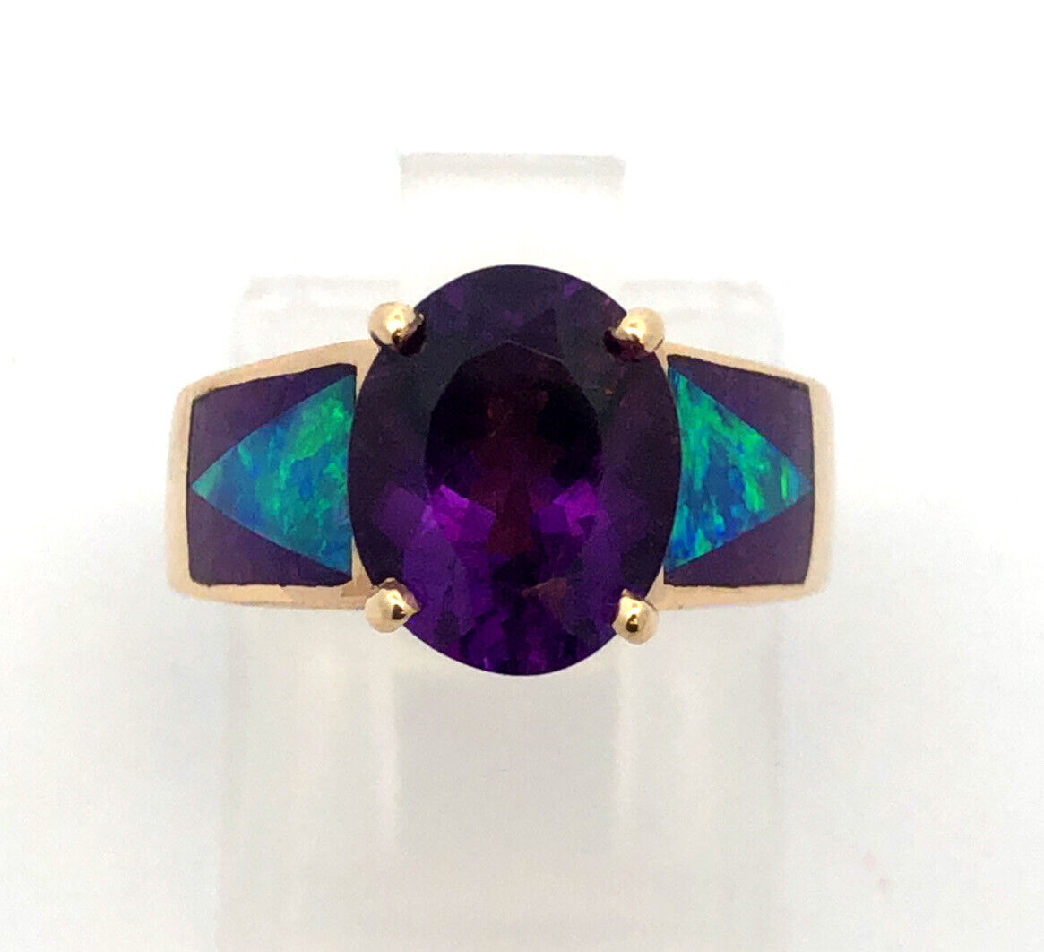 Vintage 14K Yellow Gold Oval Amethyst Opal Inlay Purple Enamel Cocktail Ring