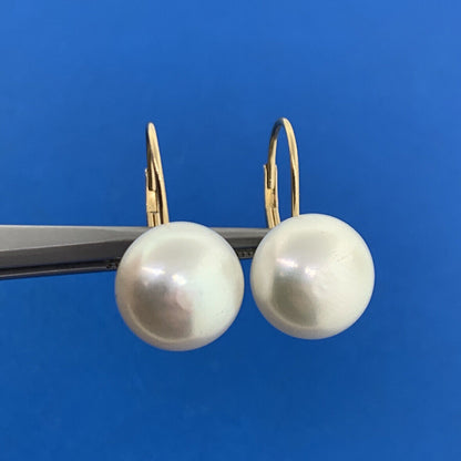 Designer 14K Yellow Gold White Pearl Statement Lever Back Earrings