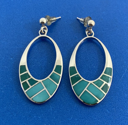 Tomo Turquoise Inlay Cutout Modern Oval 925 Sterling Silver Dangle Studs