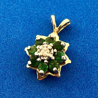Estate 14K Yellow Gold Emerald Diamond Flower Cluster May Anniversary Pendant