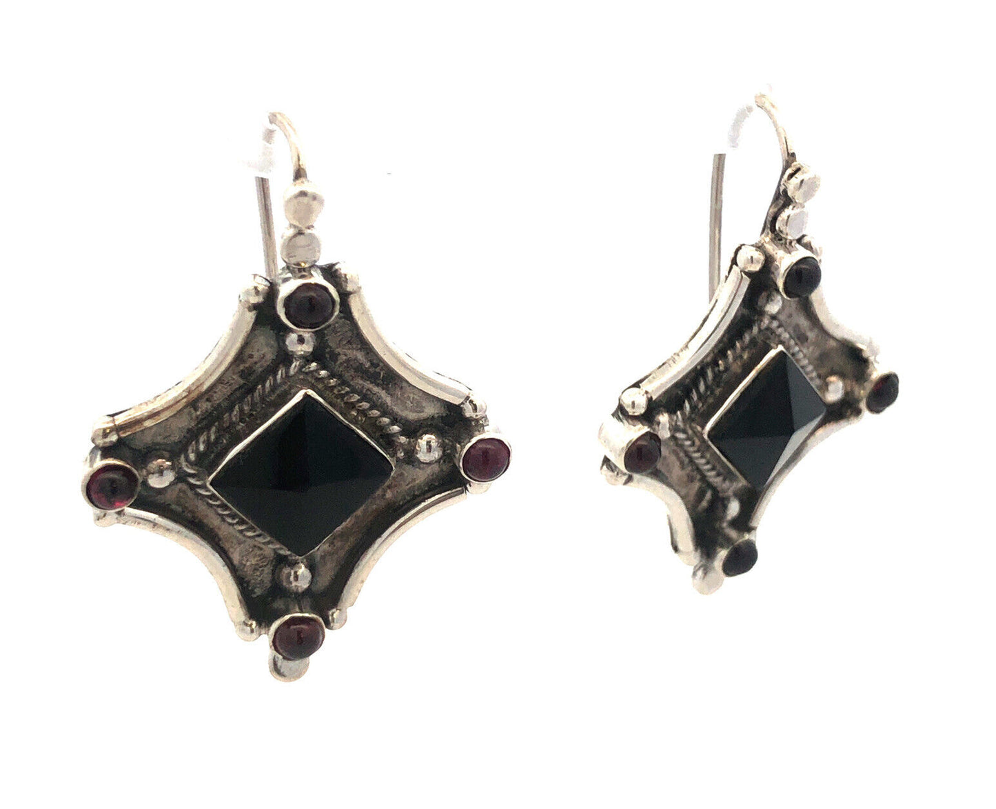 Vintage 925 Sterling Silver Black Onyx Amethyst Hook Statement Dangle Earrings