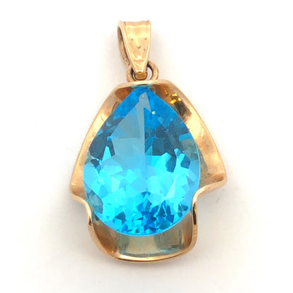 Designer CID 10K Yellow Gold Pear London Blue Topaz Statement Pendant