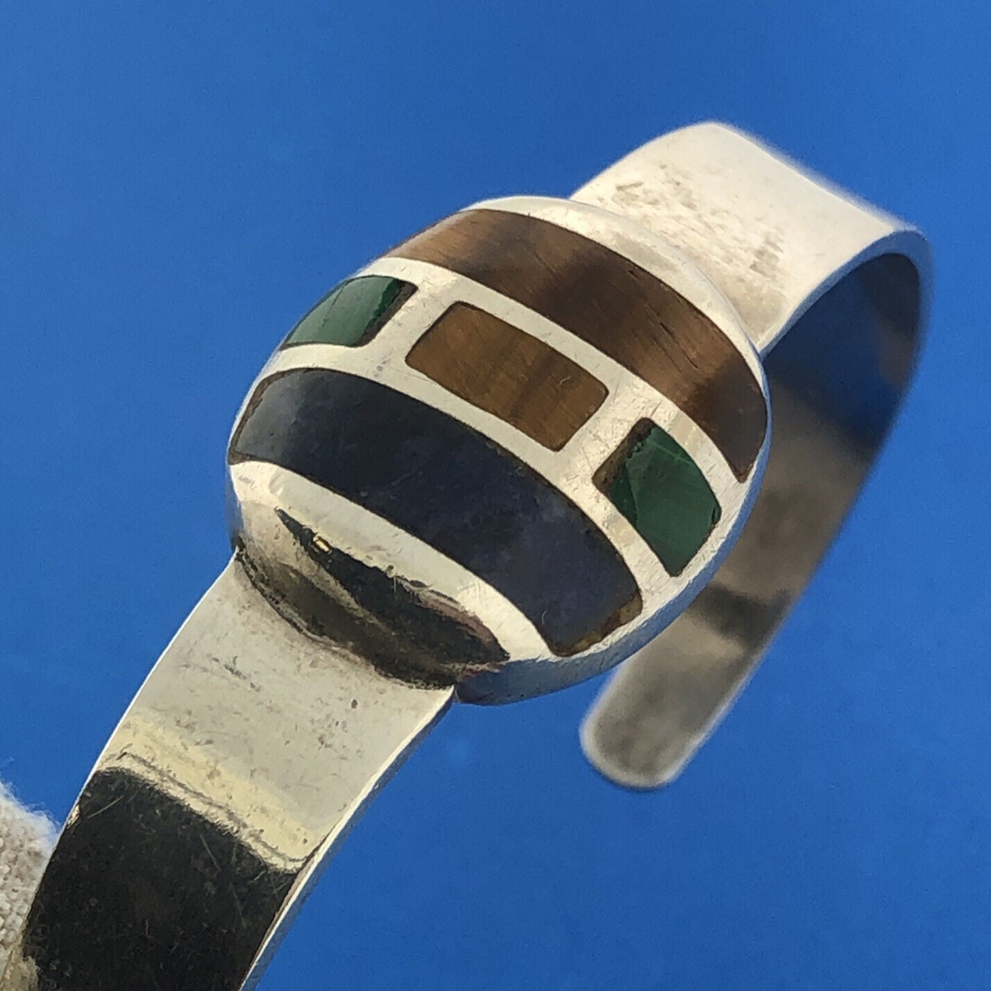 Sterling Silver 925 Tiger's Eye Lapis Malachite Native American 6" Cuff Bracelet