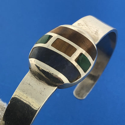 Sterling Silver 925 Tiger's Eye Lapis Malachite Native American 6" Cuff Bracelet