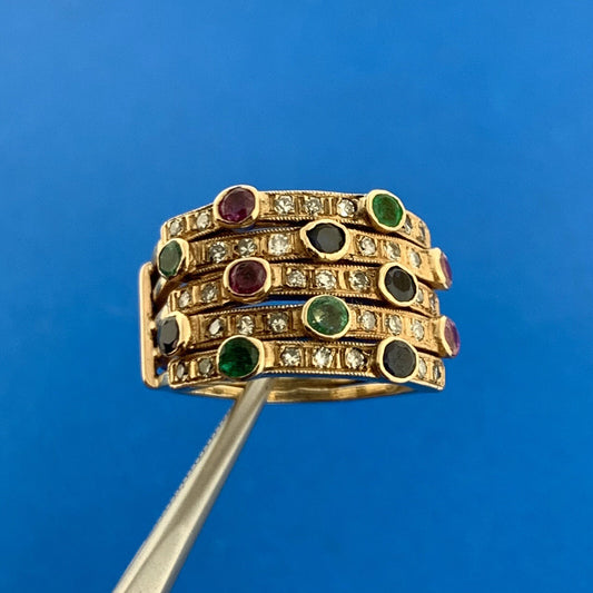 Retro 14K Yellow Gold Diamond Sapphire Ruby Emerald Anniversary Wide Harem Ring