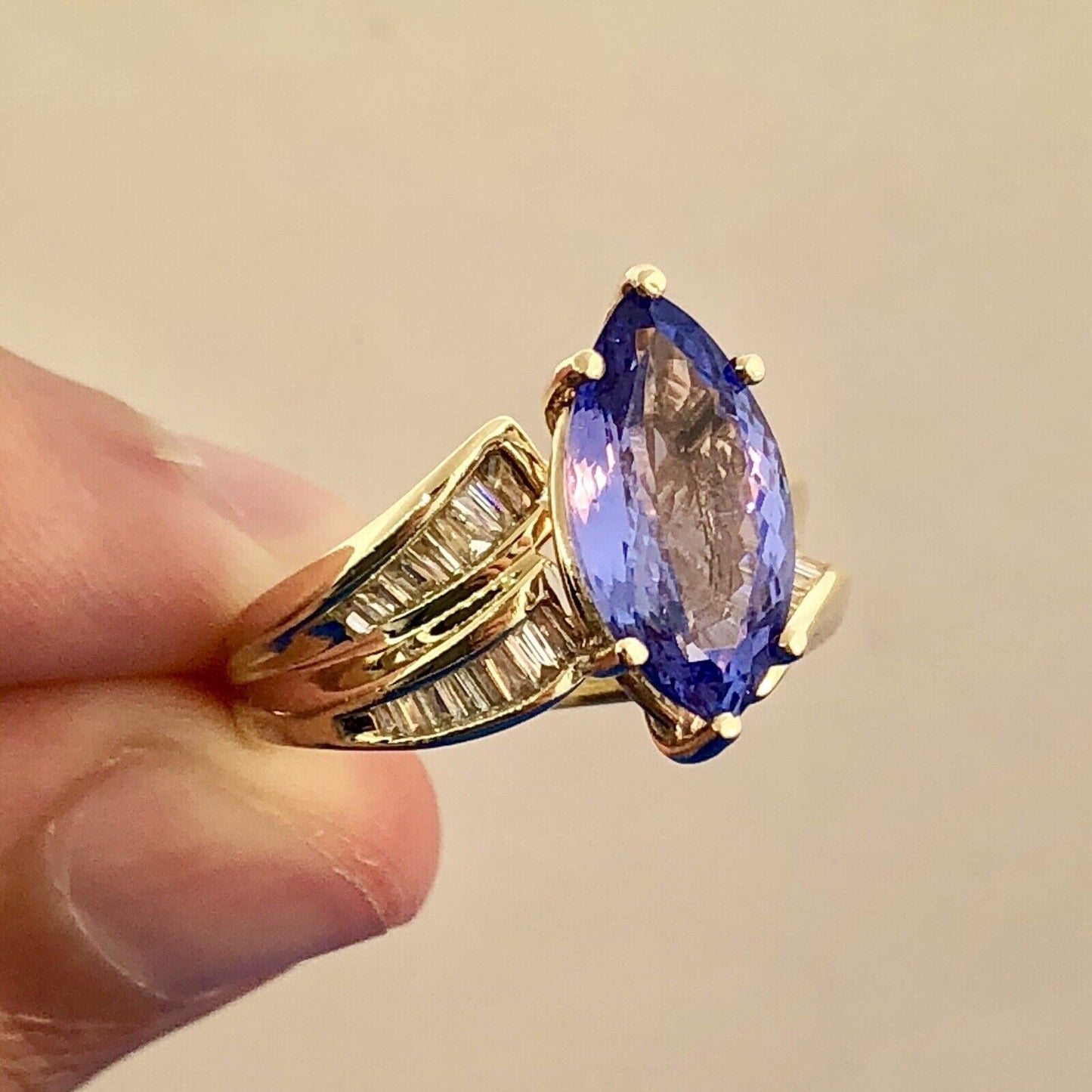 Designer 14K Yellow Gold Tanzanite Marquise Solitaire Diamond Accent Ring