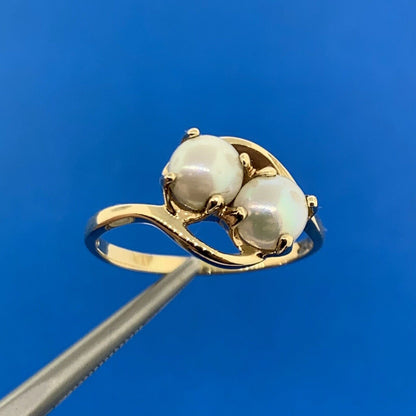 10K Yellow Gold Pearl Duo Bypass Cocktail Ring