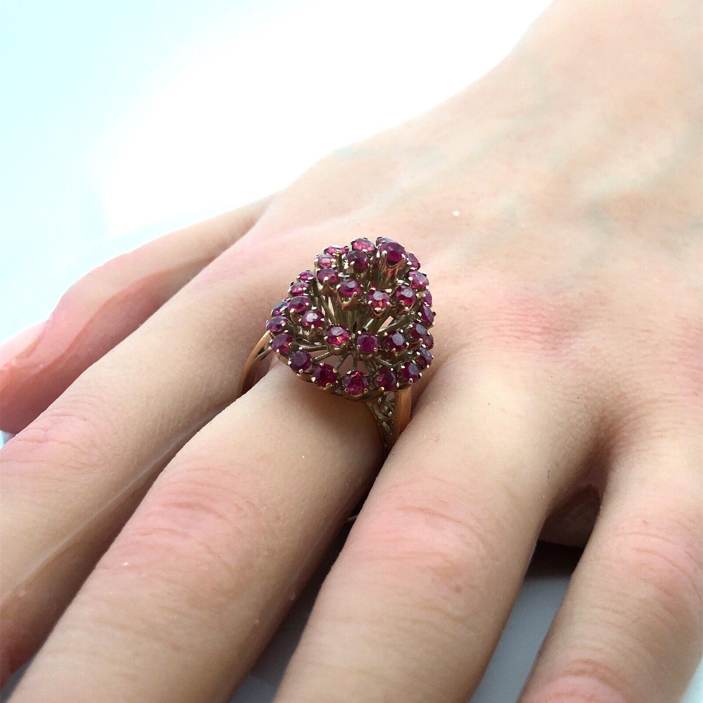 Vintage 10K Yellow Gold Ruby Cluster Swirl Princess Empire Cocktail Ring