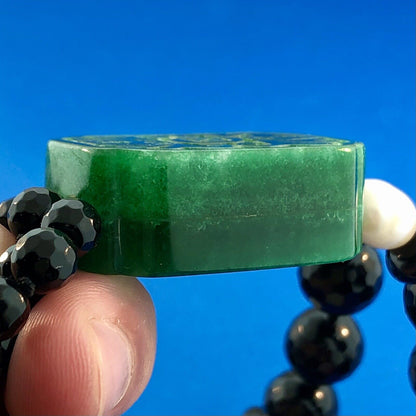 Art Deco Freshwater Pearl Black Jet Bead Carved Jade Jadeite Pendant Necklace