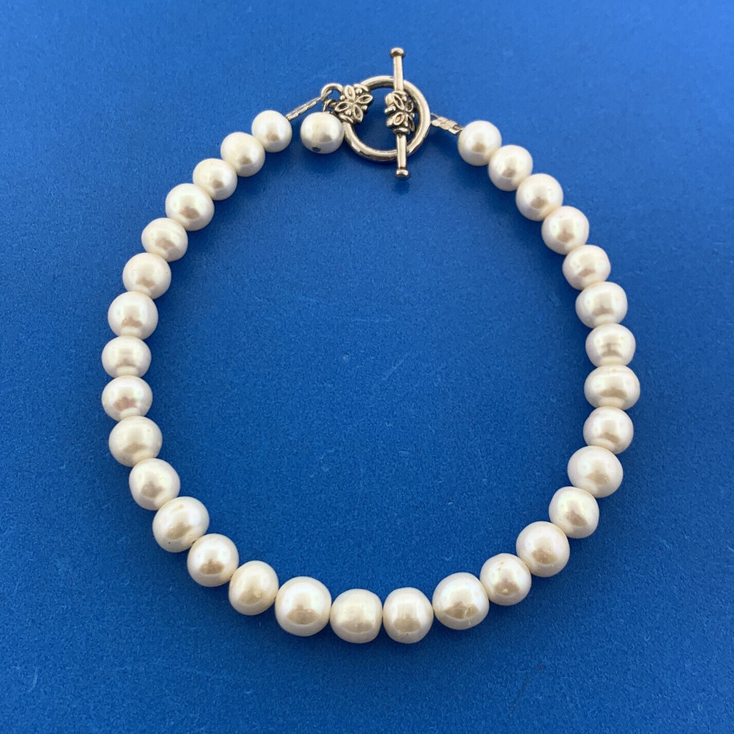 Silver Tone White Genuine Pearl June Bridal Wedding Anniversary Toggle Bracelet