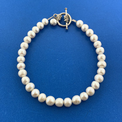 Silver Tone White Genuine Pearl June Bridal Wedding Anniversary Toggle Bracelet