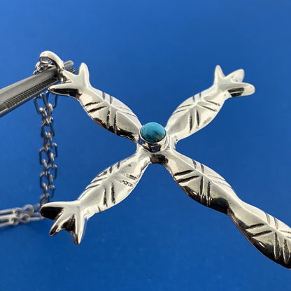 Native American Signed TQ Sterling Silver Turquoise Totem Pole Cross Necklace