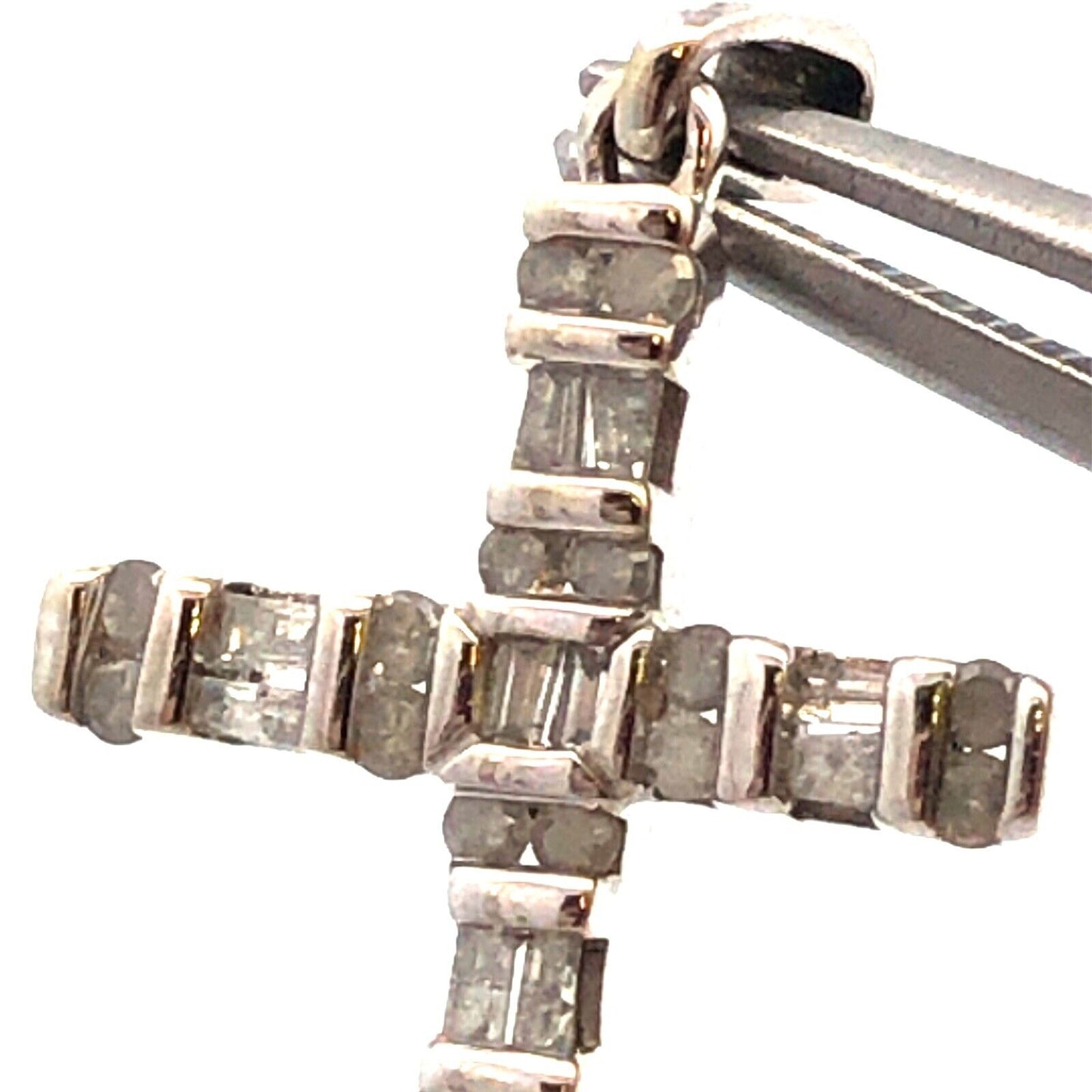 Designer SNJ 10K White Gold Round Baguette Diamonds Cross Pendant