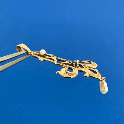Antique 14K Yellow Gold Sapphire Pearl Scroll Statement Pendant