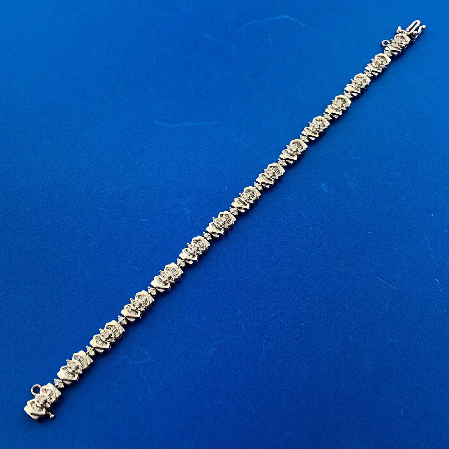 Vintage WGD 14K White Gold Diamond Panel Round Baguette Tennis Bracelet