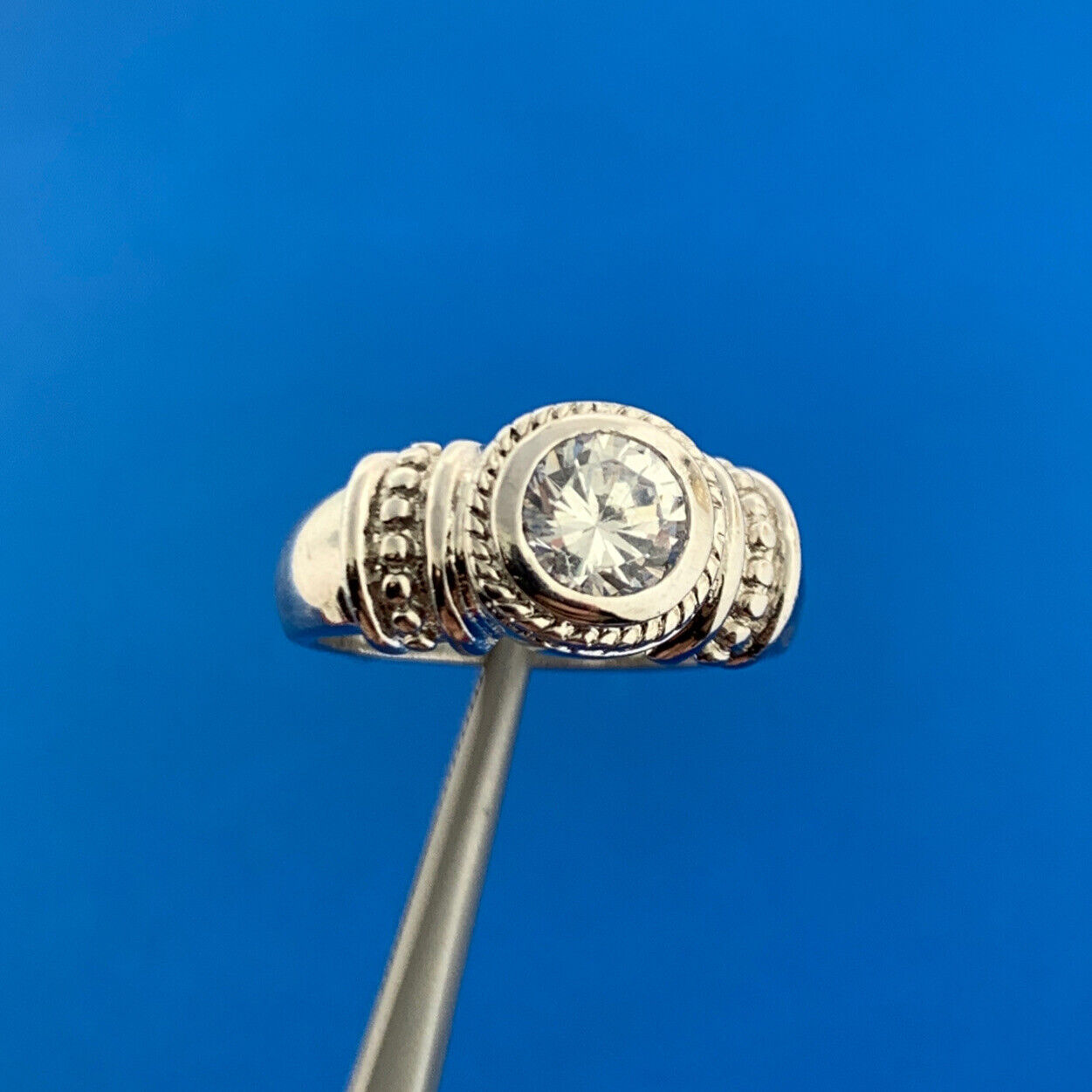 Sterling Silver 925 Solitaire Cubic Zirconia CZ Cable Beaded Cocktail Ring