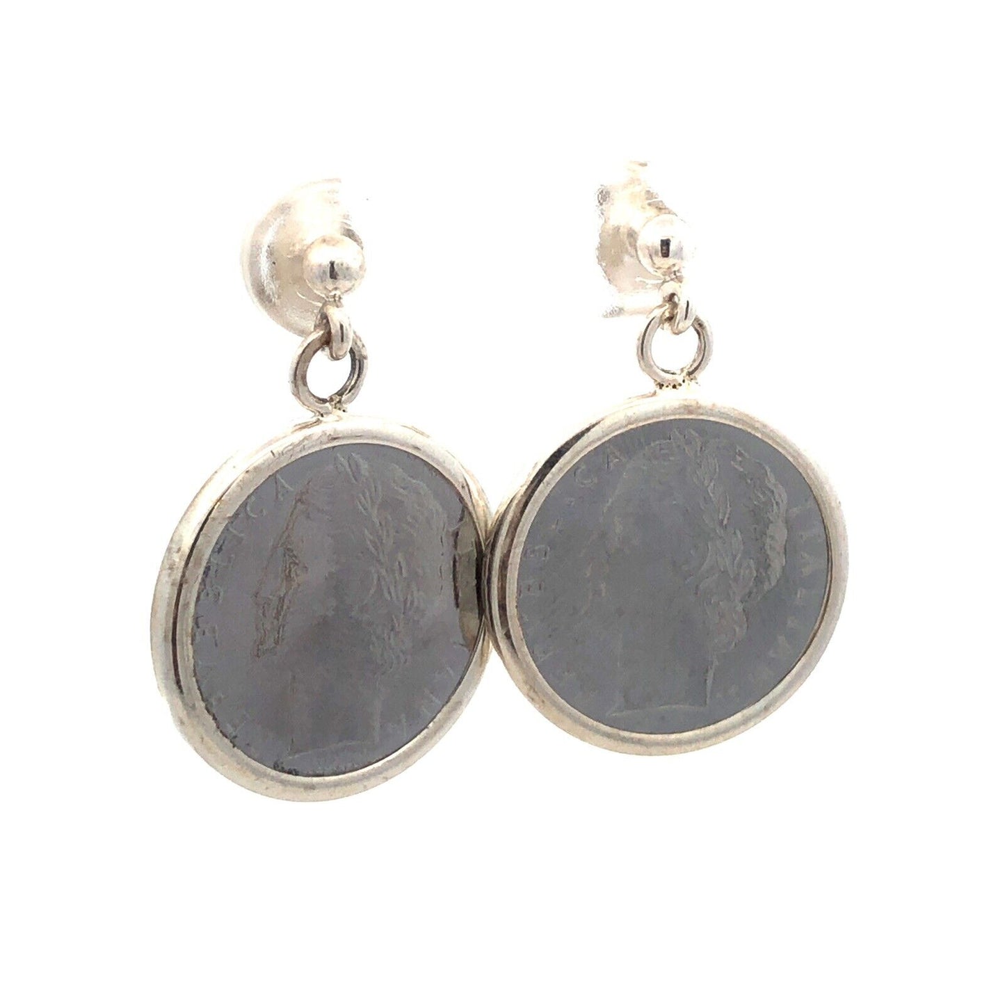 Designer Milor Italy 925 Sterling Silver Italian Lire Coin Stud Dangle Earrings