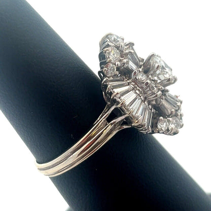 Estate 14K White Gold Round Diamond Center Waterfall Wave Accented Cocktail Ring