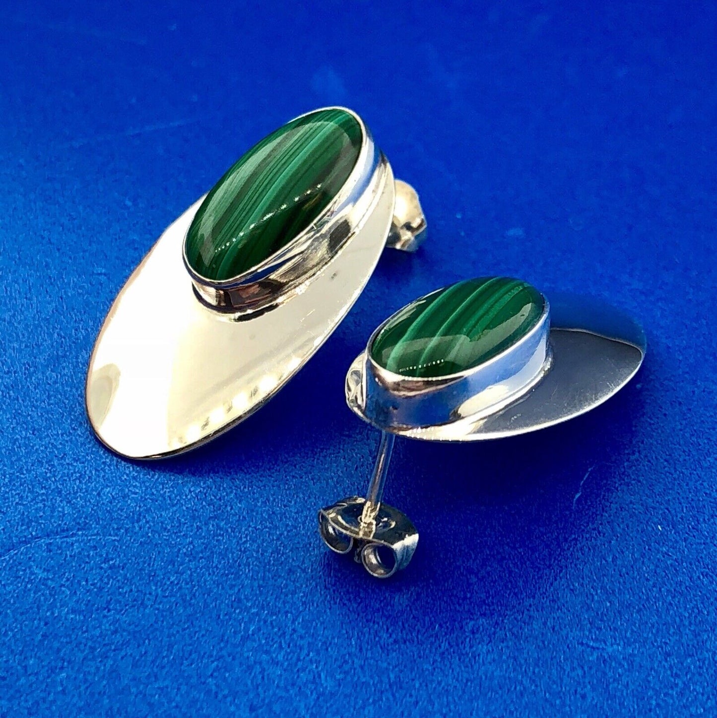 Vintage Sterling Silver 925 Oval Malachite Cabochon Elongated Stud Earrings